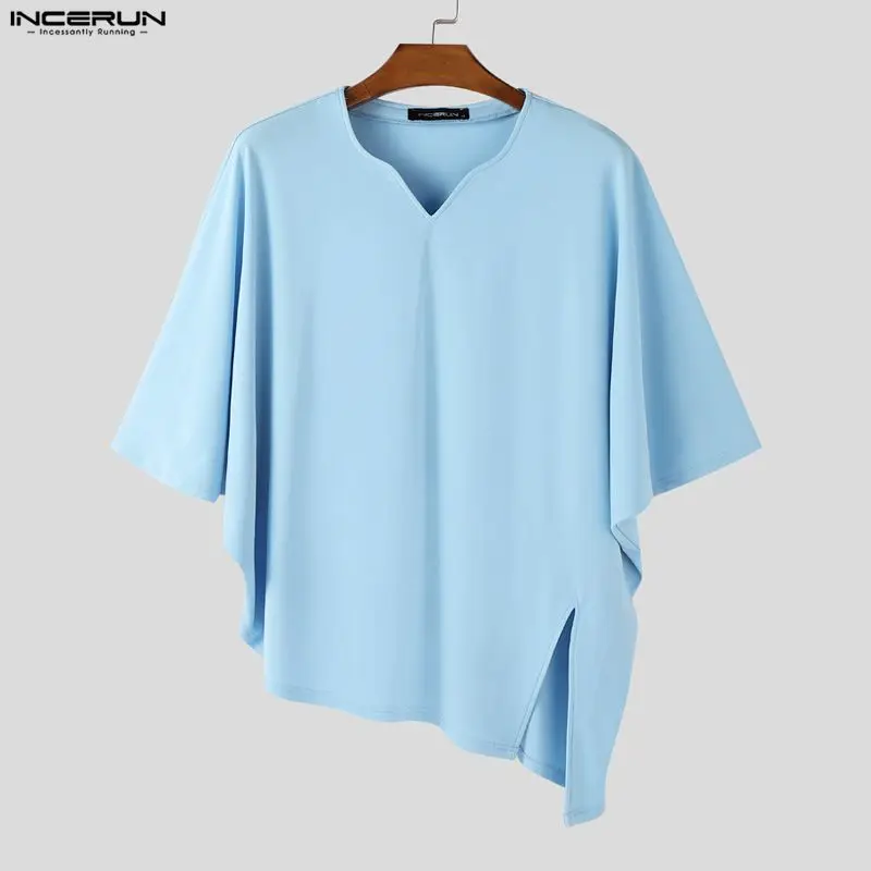 

INCERUN Мужская футболка нестандартной формы, однотонная мужская футболка с v-образным вырезом и рукавами 3/4, свободные уличные топы в корейском стиле, модная повседневная мужская одежда