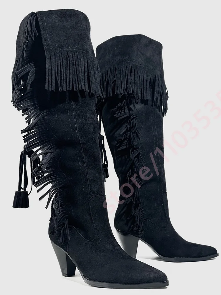Women Brown/black Fringe Knee High Cowboy Boots Pointed Toe Stacked Heel Western Vintage Tassel Tall Fashion Party Riding Boots