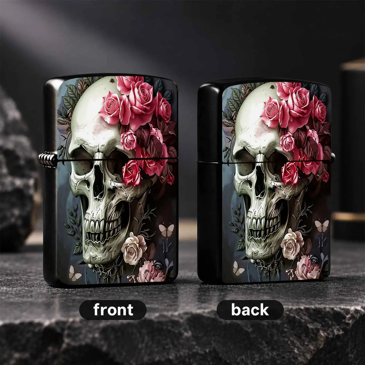 Vintage Dark Aesthetic Skull Rose Pattern Lighter, Artistic Floral Skull Decor Portable Igniter, Stylish Practical Daily Carry Accessory, Ideal Gift for All Occasions, Unique Gothic Aesthetic High Gloss Exquisite Craftsm A Humorous And Inte