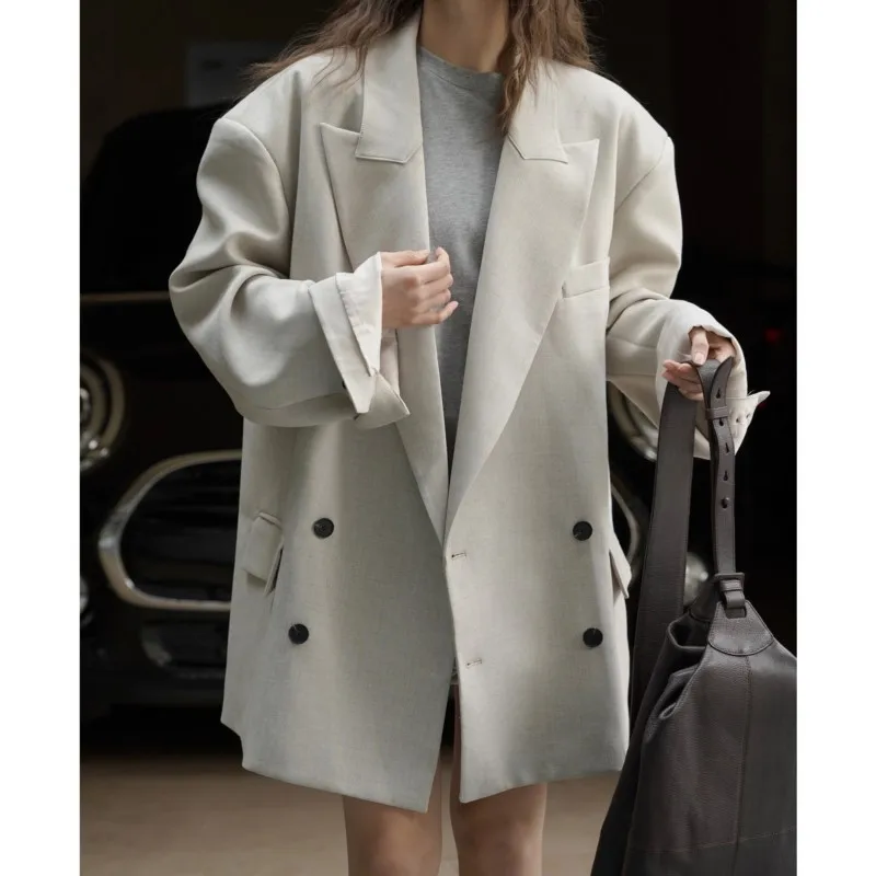 

Retro Double Breasted Suit for Women Big Wide Shoulder Jacket Three-Dimensional Very Wide Beige White Casual Spring New Fashion