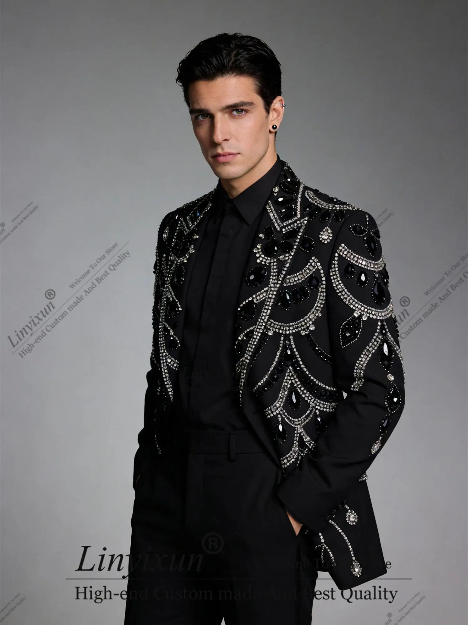 

Красивый орнамент с бриллиантами, мужские костюмы, свадебные смокинги по индивидуальному заказу, комплекты из 2 предметов, облегающие мужские пиджаки для жениха, костюм для вечеринки Homme