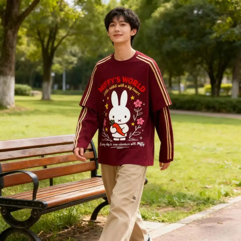 Новая толстовка с капюшоном Miffy, искусственное пальто из двух предметов, осеннее пальто с длинными рукавами и круглым вырезом, повседневная свободная универсальная основа в стиле ретро