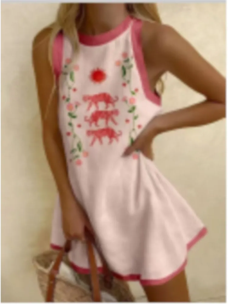 여성을위한 패션 비치 홀리데이 드레스 캐주얼 프린트 O 넥 민소매 풀오버 미니 드레스 레이디 여름 Boho 여성 의류 New