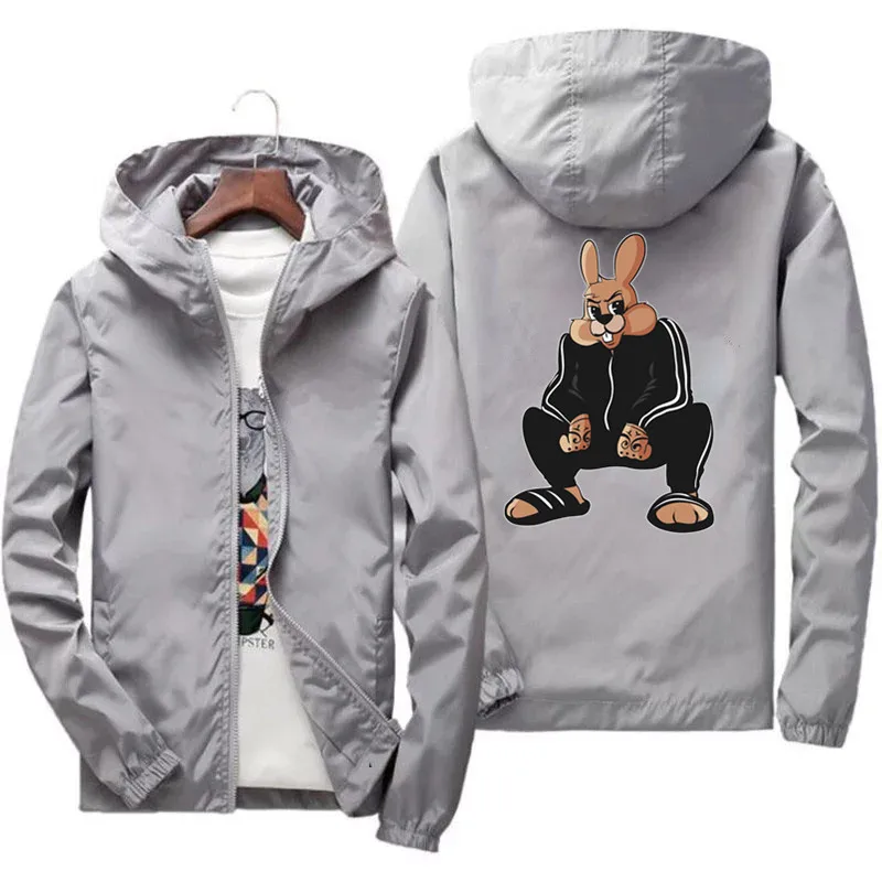 Men's Nu Pagadi Rabbit Russian Cyka Blyat Nu Pogodi Gift Outdoor Sport Thin Hooded Coat Windbreaker Zipper Coat Pilot Jacket 4XL