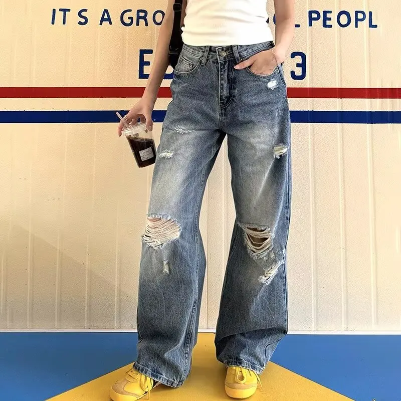 Calças Jeans Retro com Furos, Largas e Soltas, para Homens e Mulheres, Estilo Casual, Moda Americana de Rua