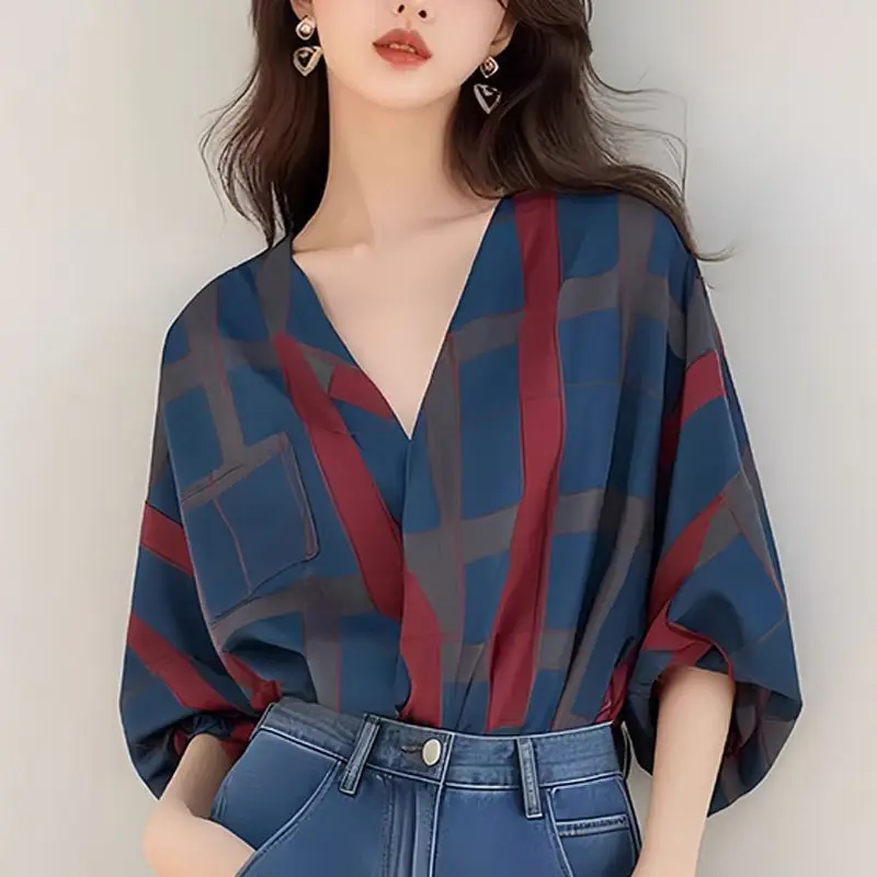 Spring Summer New V-neck Three Quarter Fashion Blouse Women High Street Casual Loose Printing Pullovers Elegant All-match Tops