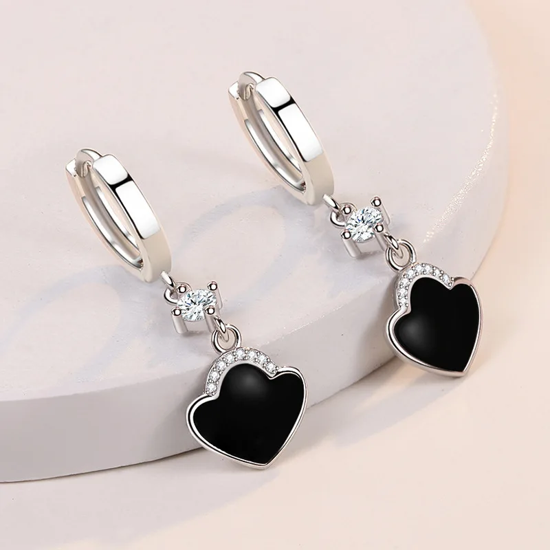 KOFSAC High Quality Black Heart Hoop Earrings For Women Trendy 925 Sterling Silver Party Jewelry Zircon Spade Earring