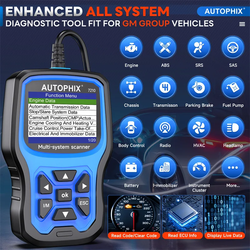 

Autophix 7210 подходит для автомобильных диагностических приборов GM, полной диагностики системы, считывания кодов, очистки кодов и обслуживания.
