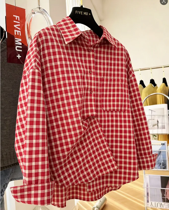 

Новая женская винтажная рубашка-оверсайз в стиле Y2K 2026 года, красная в клетку, с отложным воротником, длинными рукавами, в стиле стритвир, свободного кроя, с элементами пэчворка, в стиле Харадзюку