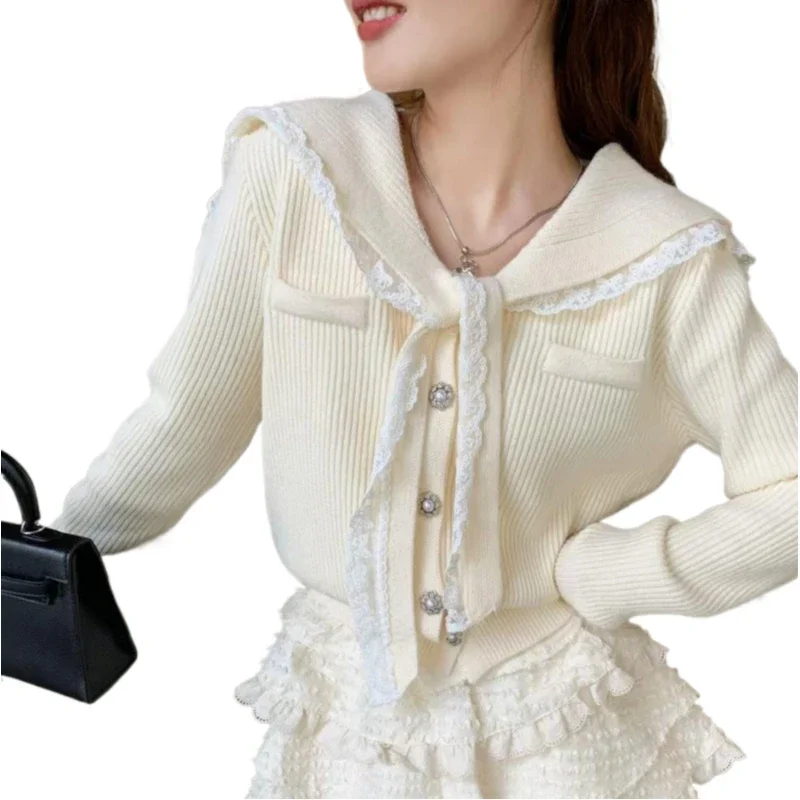 

Solid Color Lace Edge Knitted Cardigan Women's Spring New Lace-up Lapel Splicing Top Women