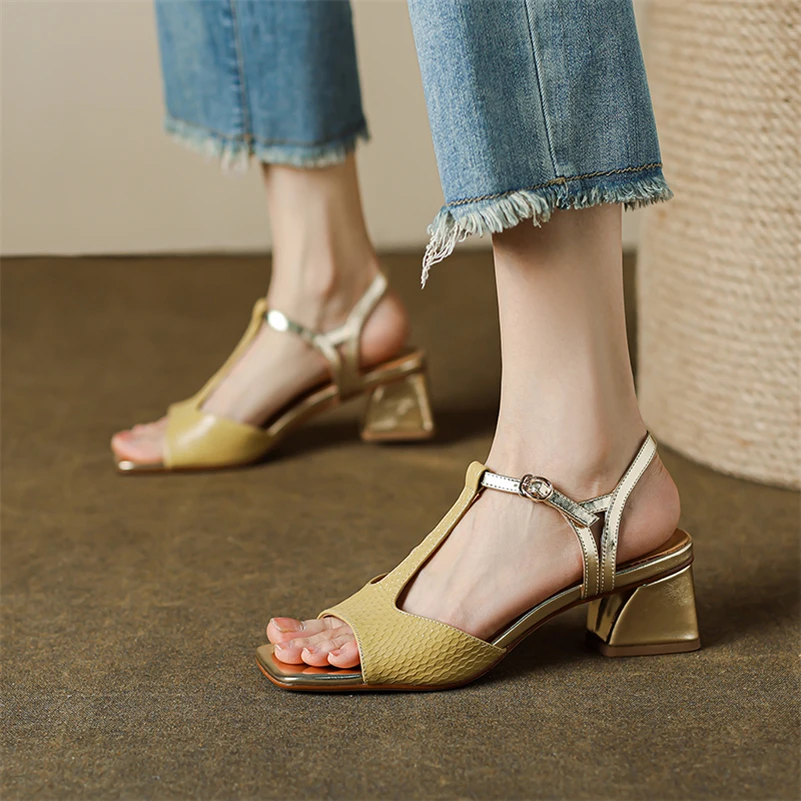 Meotina Women Genuine Leather T-Tied Sandals Square Toe Chunky Mid Heel Buckle Ladies Fashion Shoes Summer Yellow Green Beige 40