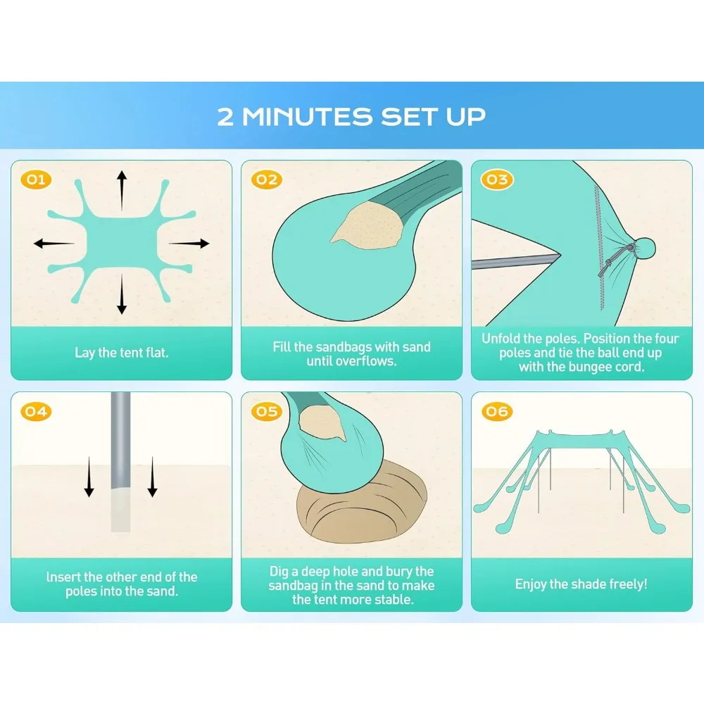 Tragbares Strandzelt mit über 50 UPF-UV-Schutz, 10 x 10 Fuß Sonnenschutz, inklusive 8 Sandsäcken, Schaufeln und Erdnägeln
