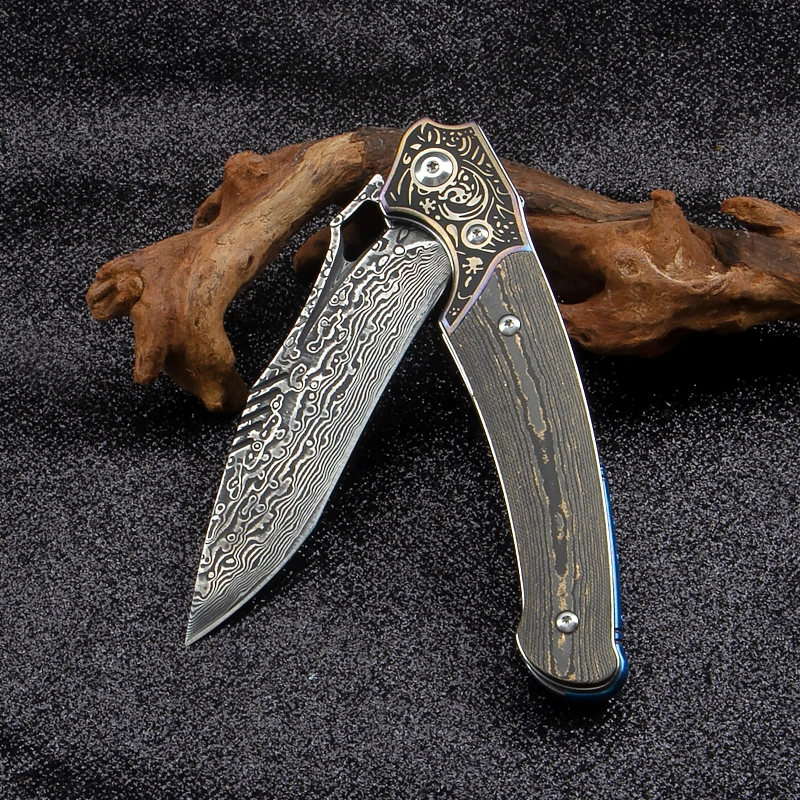 

Складной нож для фруктов из дамасской стали — ручка из золотой фольги, роскошный инструмент для кемпинга EDC, острое лезвие для улицы