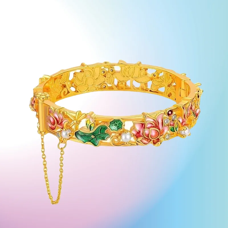 

new 9999 real gold 24K yellow gold Ethnic Enamel Lotus Bracelet Lotus Buckle Large Bracelet