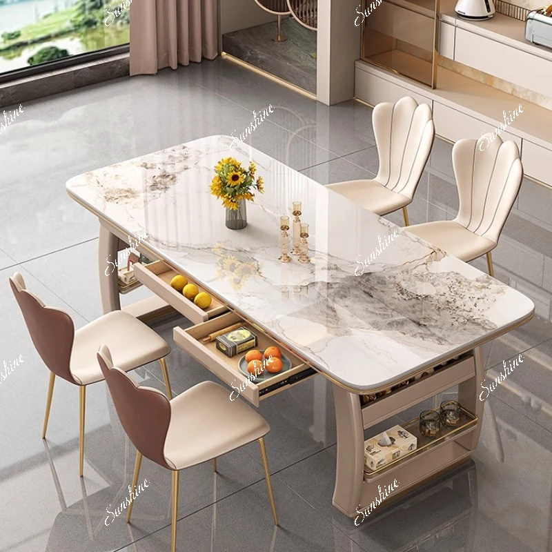 

Modern simple household rectangular dining table, small apartment restaurant with induction cooker light luxury rock slab