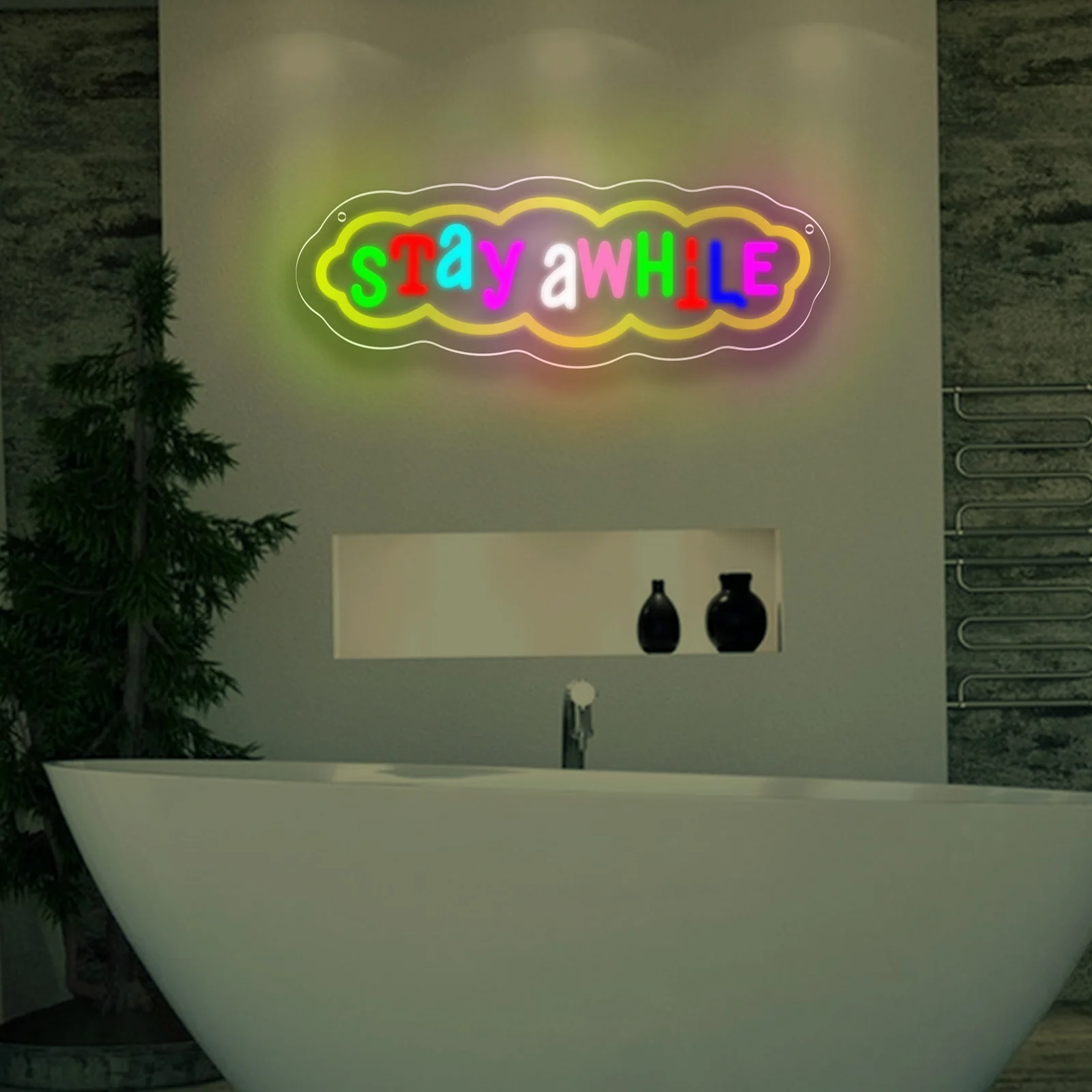 STAY AWHILE Neon Sign USB Power LED Neon Light for Bedroom Man Cave Game Room Party Store Cafe Library Wall Decor Festival Gift