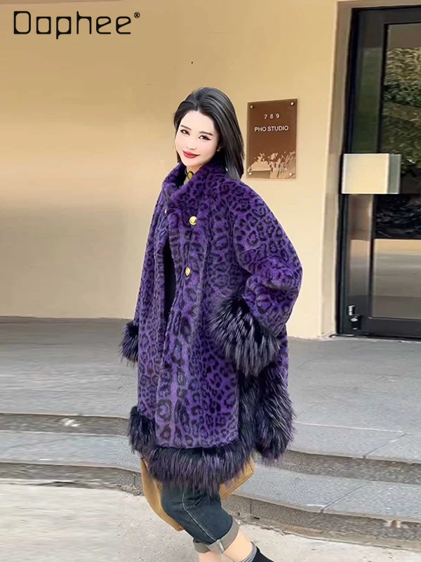 Stehkragen, Quaste, Leopardenmuster, verdickt, umweltfreundlich, Kunstpelzmantel, modischer europäischer Stil, lockerer, vielseitiger, schicker Kunstpelzmantel