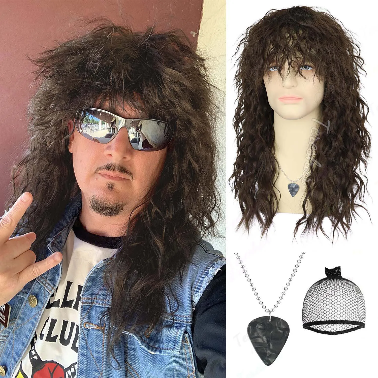 Synthetic Vintage 80s Rocker Mullet Wig for Men-Classic Rock Party Wig with Retro Style, Eddie Costume Wig, Multi-colored Wig