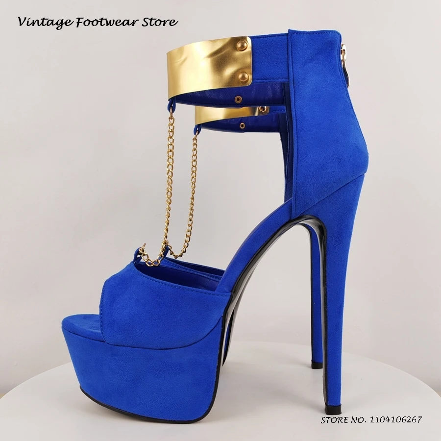 

Chain Embellished Platform Sandals Round Open Toe Thin High Heels Party Dress Shoes Women's Summer T-strap Back Zip Stilettos