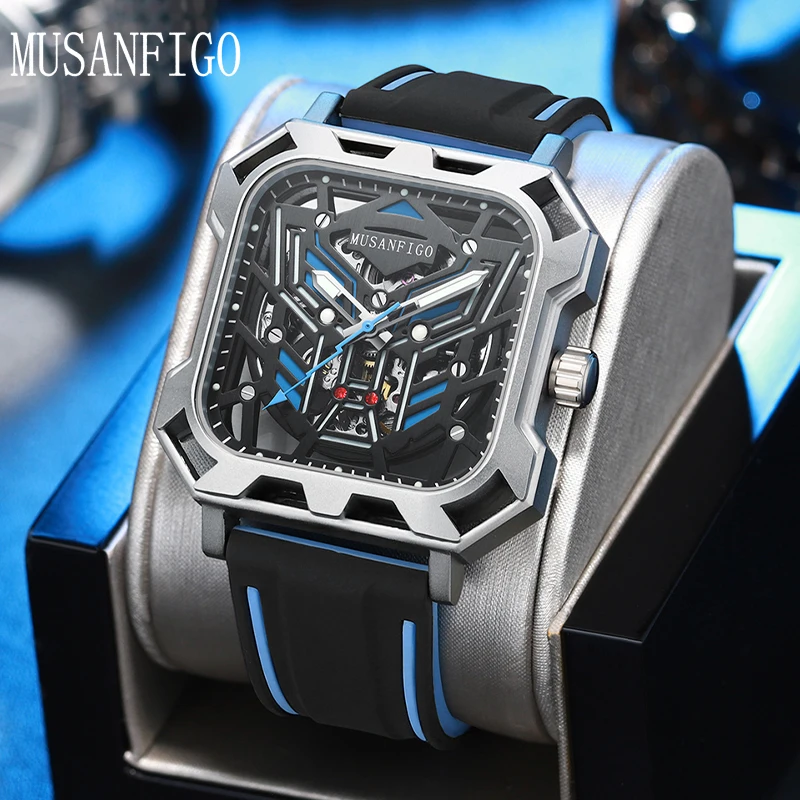 

MUSANFIGO квадратные мужские полностью автоматические механические часы с полым модным мужским ночником, водонепроницаемые модные часы 6029