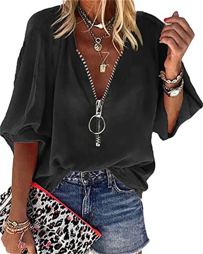 Spring Summer New Solid Color Lantern Sleeve Zipper V-Neck Blouses Women's Office Lady Casual Loose Shirt Women's Tops Blusas