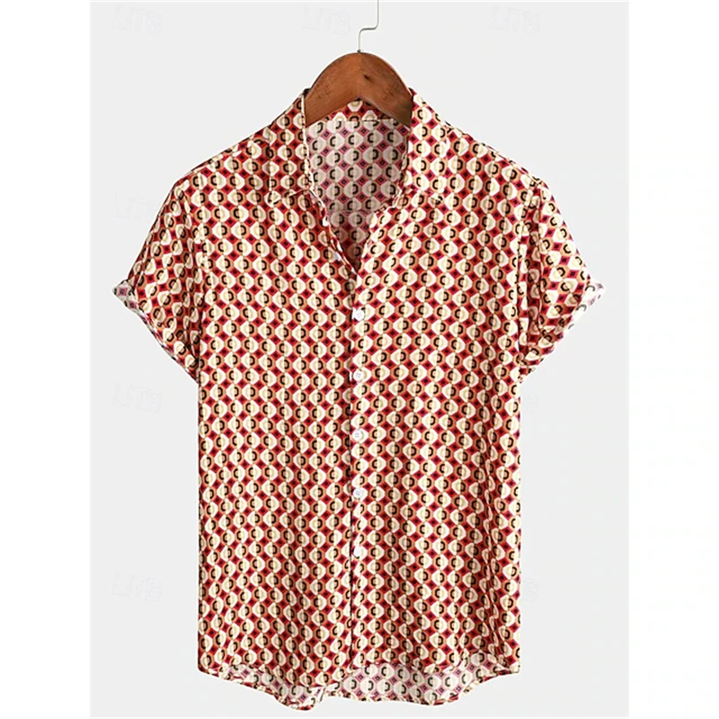 الرجعية الكلاسيكية 70s نمط طباعة قميص بأكمام قصيرة للرجال عارضة التلبيب زر قميص 3D المطبوعة البوليستر أزياء الشارع قميص #6