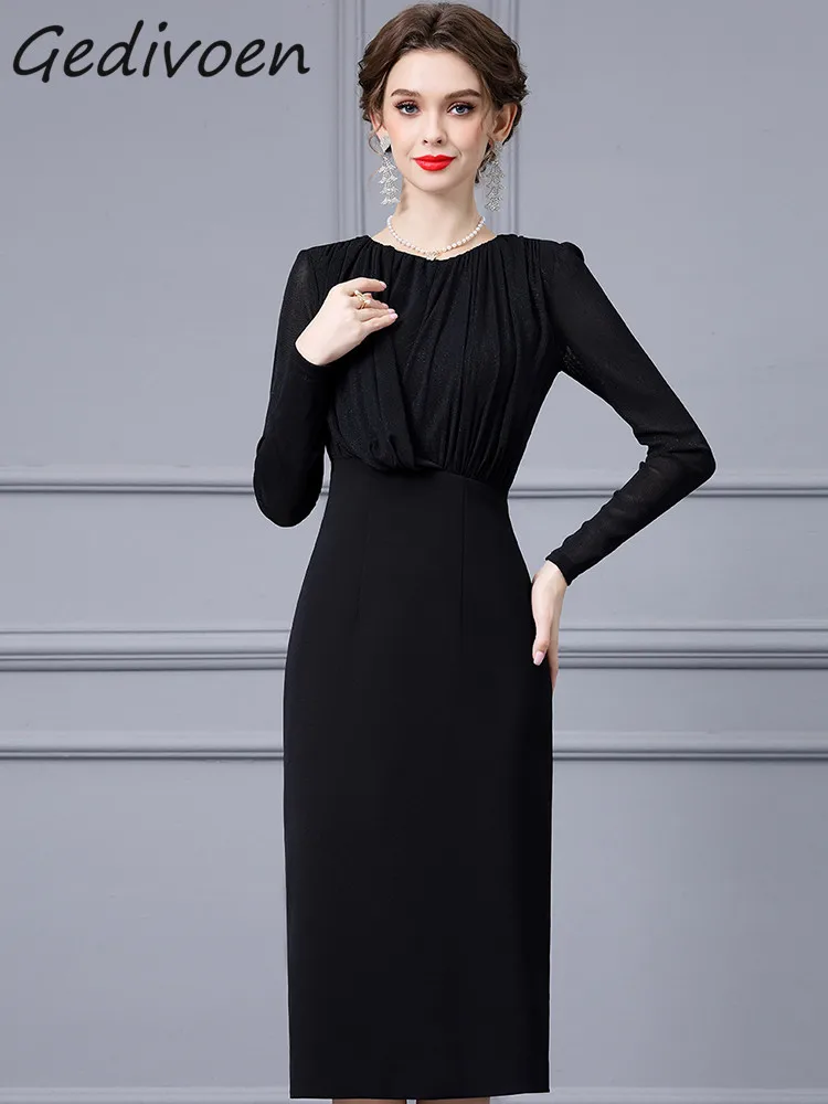 

Gedivoen Autumn Fashion Designer Black Vintage Dress Women's O Neck Long Sleeve High Waist Package Buttocks Slit Slim Long Dress