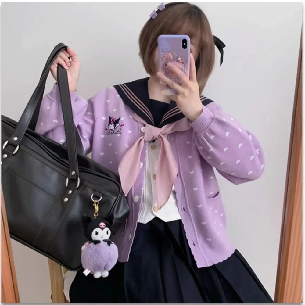 Kawaii Kuromi Japanese JK Sweater Sanrio My Melody Cinnamoroll Hello Kitty Girl Cardigan Pompompurin Spring Long Sleeve Top