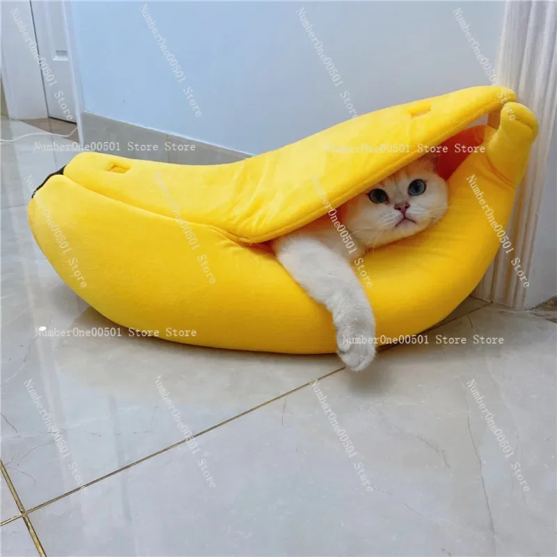 Closed Four Seasons Banana Cat Nest Banana Boat Kennel Pet Teddy Bi Bear Warm Sleeping Bag Creative Fruit Cat Bed