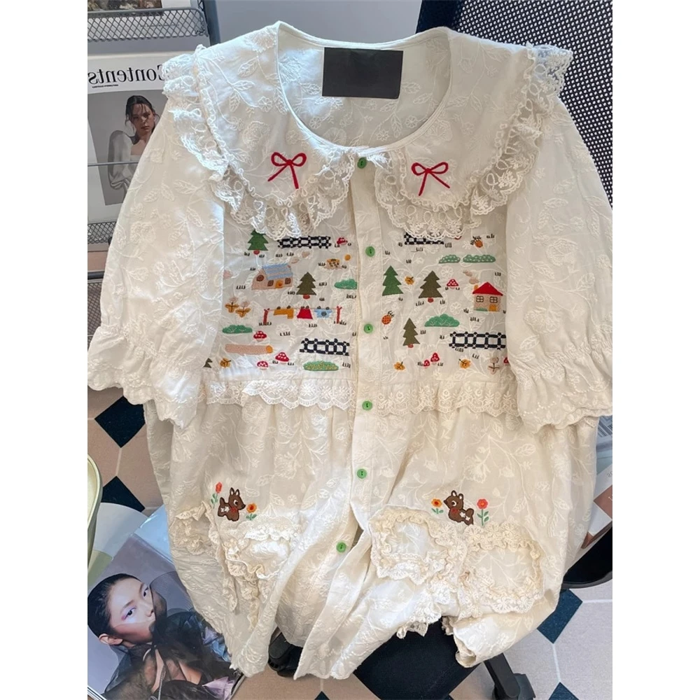 

Женская летняя блузка с вышивкой, кружевной отделкой, коротким рукавом, милым воротником-стойкой, комфортная, дышащая, с цветочным принтом