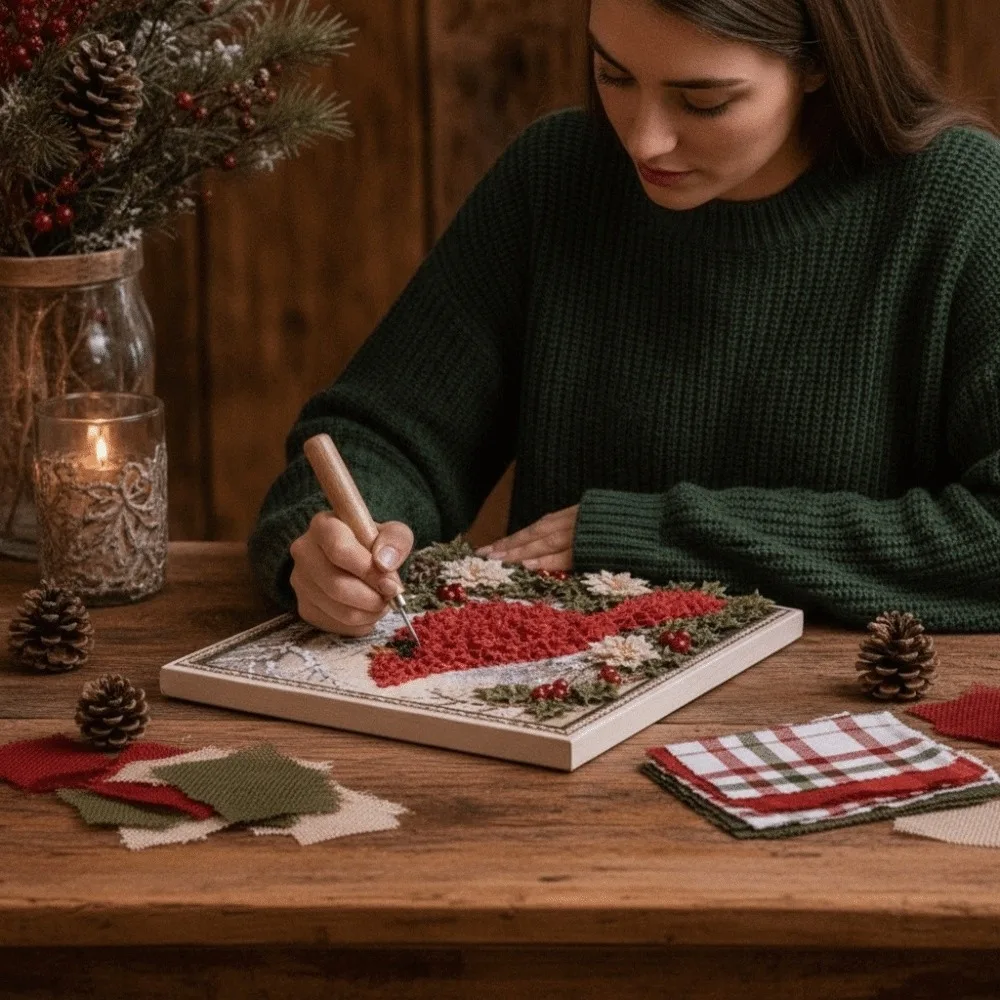decoration-de-noel-diy-sans-couture-style-poke-art-facile-a-realiser-avec-support-et-motifs-visuels-en-relief-en-carton-epais-artisanat-a-l'aiguille-bonhomme-de-neige