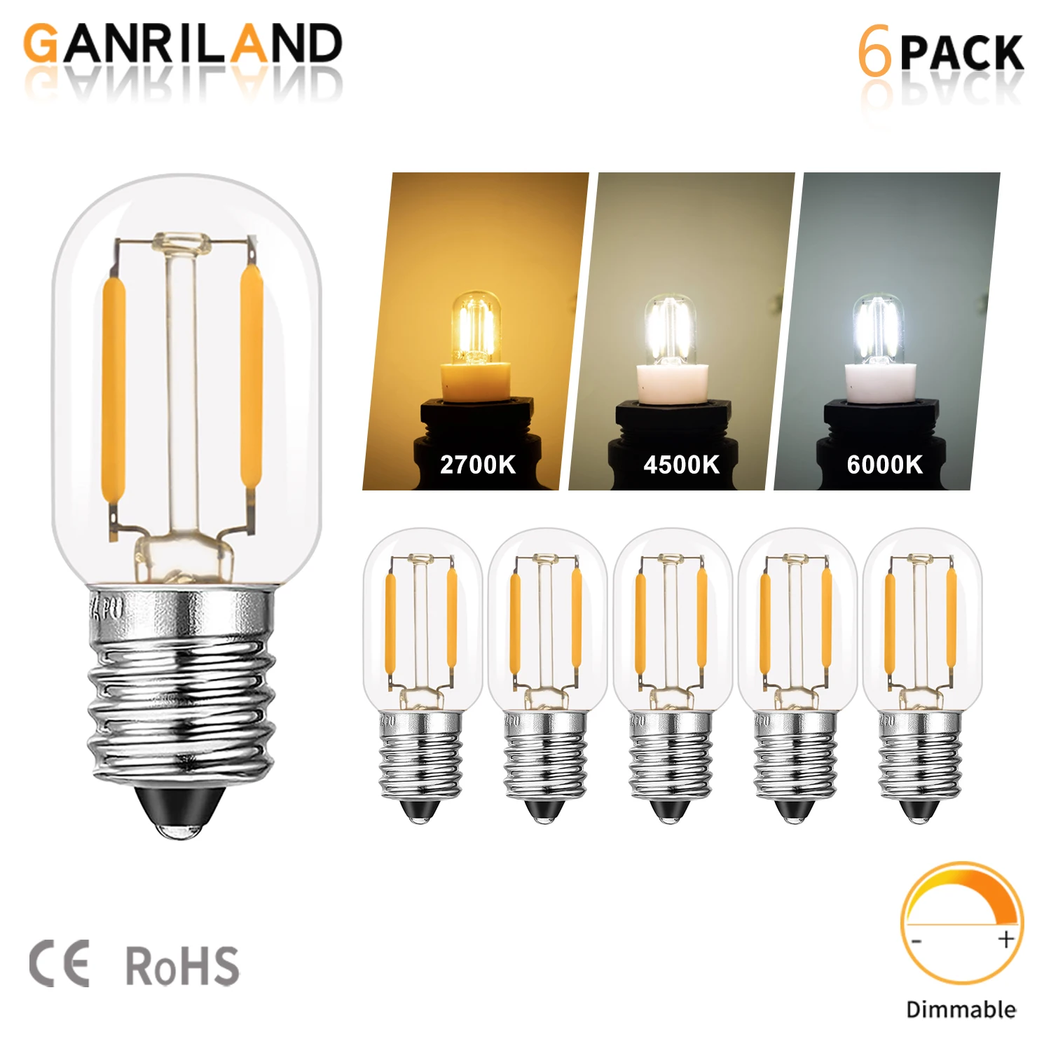 GANRILAND T20 LED Mini Night Light Bulb 1W Low Watt 220V E12 E14 Base Dimmable 2700K 4500K 6000K Small Refrigerator Edison Bulb