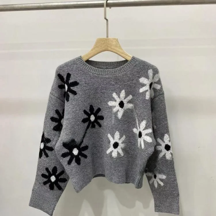 

MaSande Sweet Sle Women's Knitted Daisy round Ne ey Top Autumn New Arrival Straight Cut Long Sve Floral Patterned