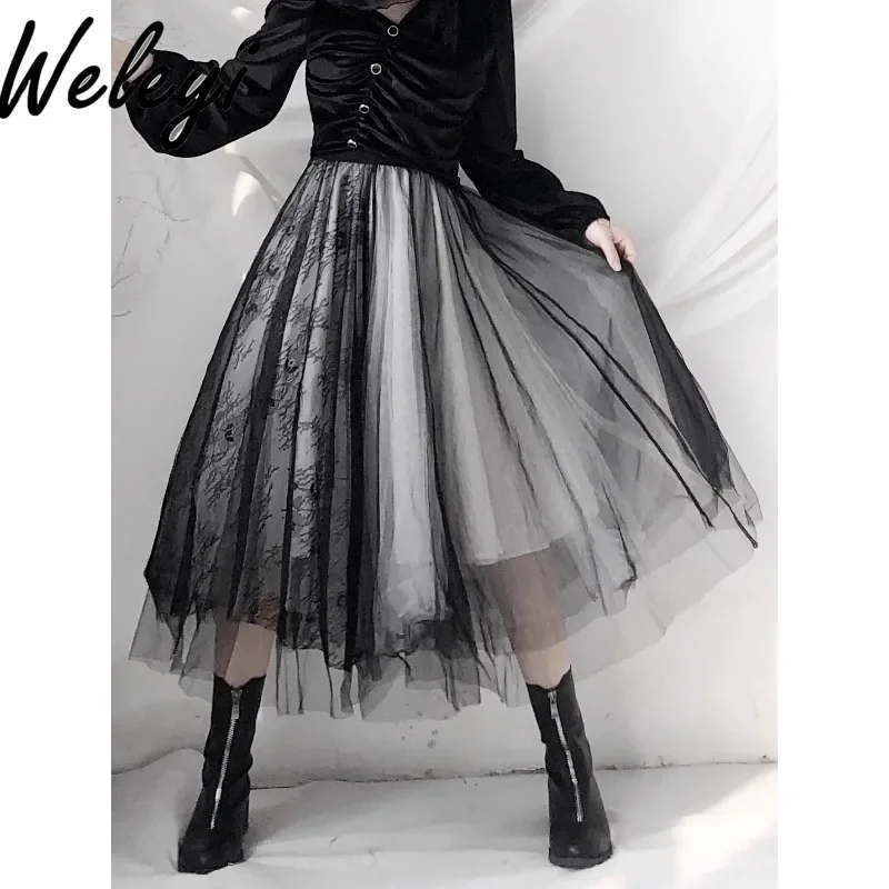 Dark Lace Splicing Multi Layer Mesh Skirt Women's Spring and Autumn Fashion Sweet New High Waisted Commuter A Word Fluffy Faldas