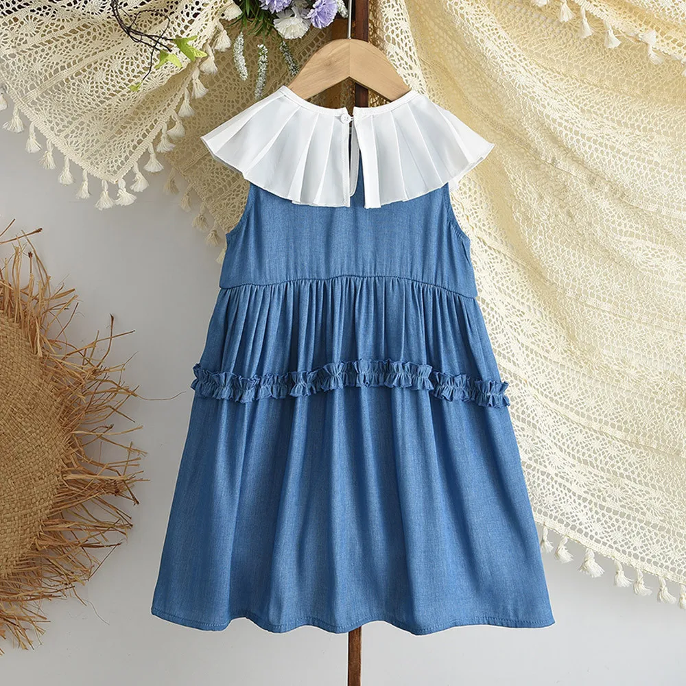 Summer Korean Version Blue Wrinkled Collar Imitation Denim Dress 3-7 Year Old Fashion New Sleeveless Girls Casual Dresses