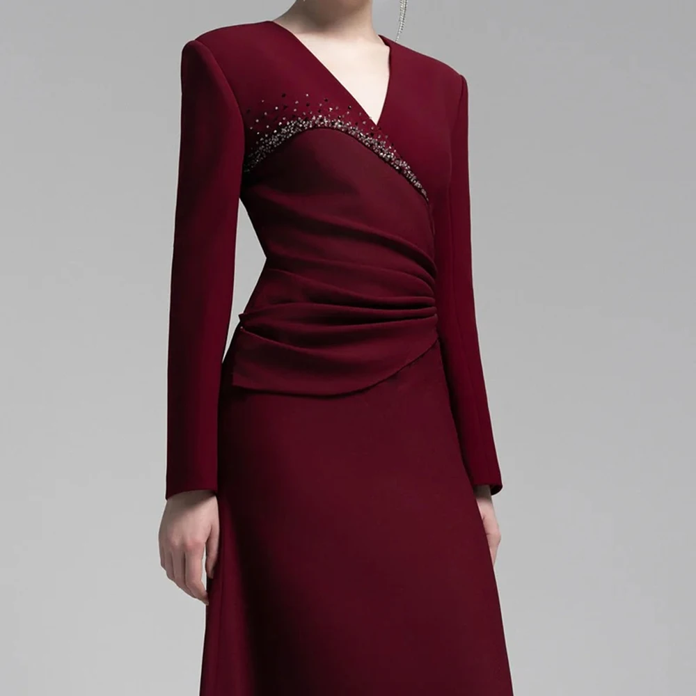 فساتين سهرة مخصصة على شكل حرف A بطول الكاحل ورقبة على شكل حرف V وأكمام طويلة فستان حفلات أنيق بطيات كريستالية بسيطة ثنيات للحفلات #2