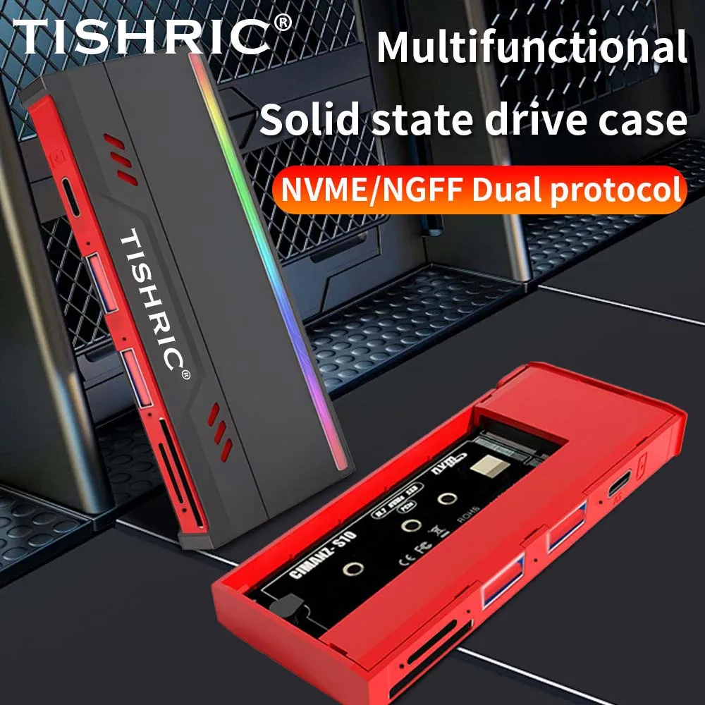 TISHRIC M.2 NVME/NGFF 듀얼 프로토콜 SSD 인클로저 – 다중 포트 확장 기능이 있는 알루미늄 합금 및 ABS 플라스틱 하드 드라이브 케이스