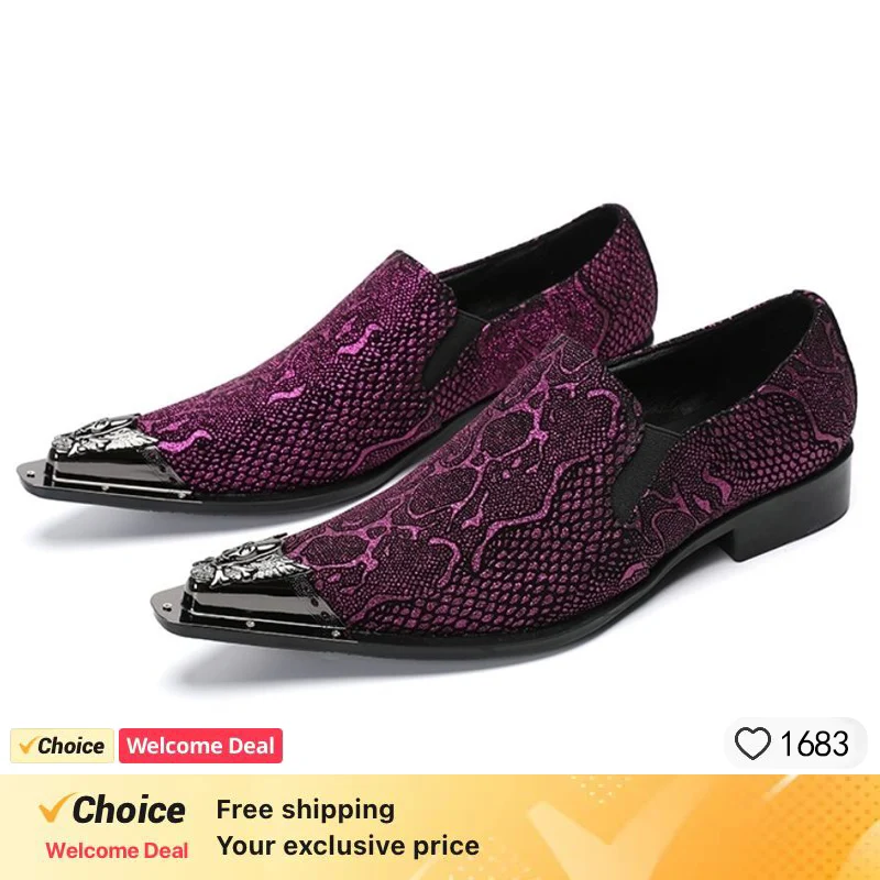 Italian Luxury Men's Shoes Purple Snake Skin Printed Pointed Casual Shoes Casual Men's Shoes Wedding Office Casual Men's Shoes