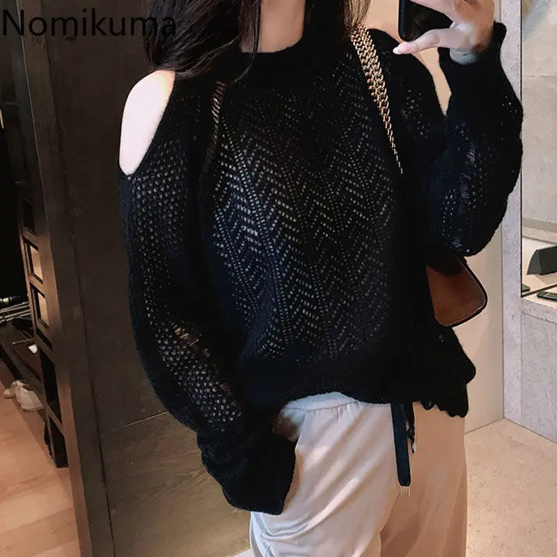 Korean Sweater for Women Long Sleeve O-neck Thin Jumper Sueter Mujer Off Shoulder Fashion Hollow Out Knitted Thin Pullovers Tops