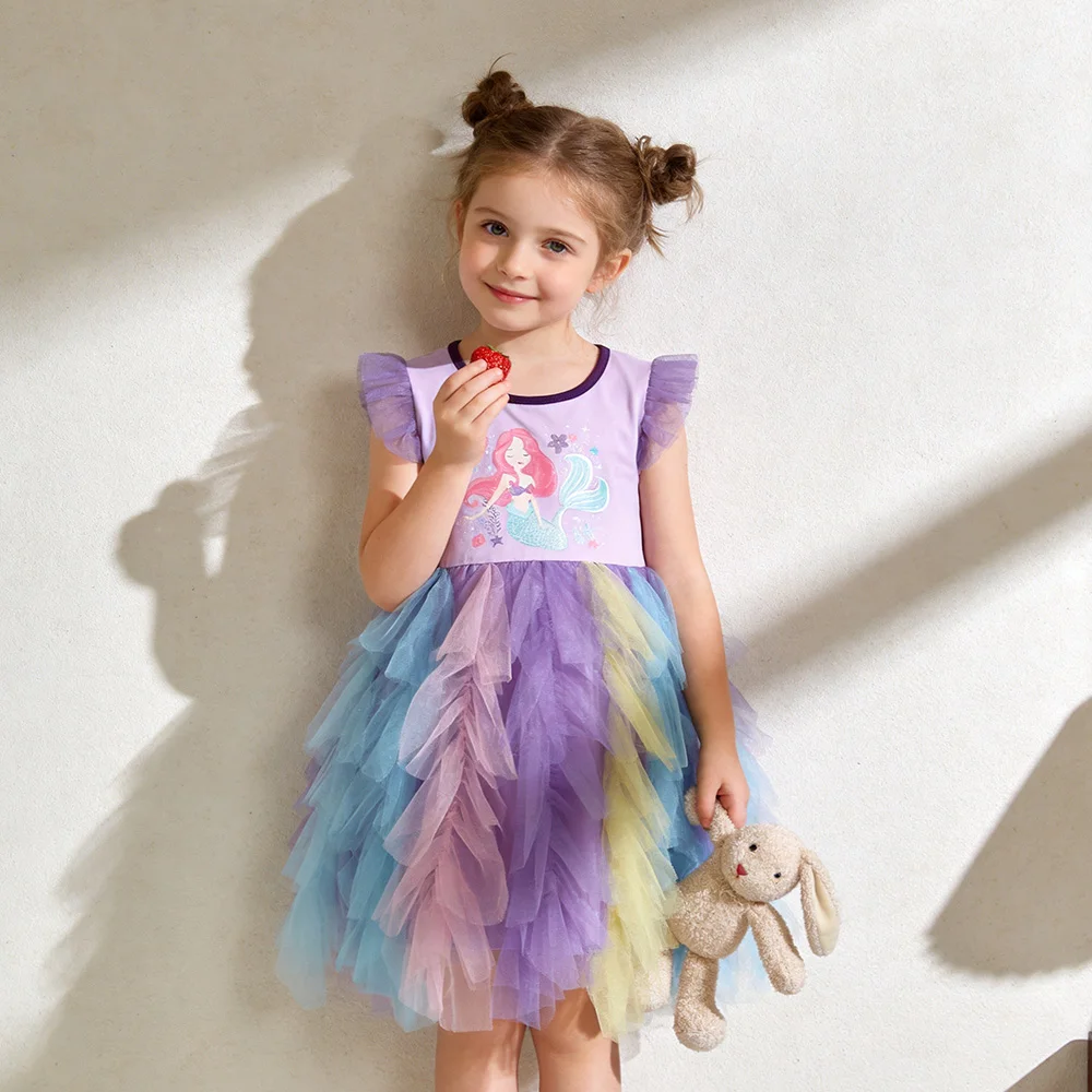 VIKITA Girls Mermaid Print Purple Ruffle Sleeve Summer Dress Multicolor Layered Tulle Tutu Cake Pastel Rainbow Princess Frocks