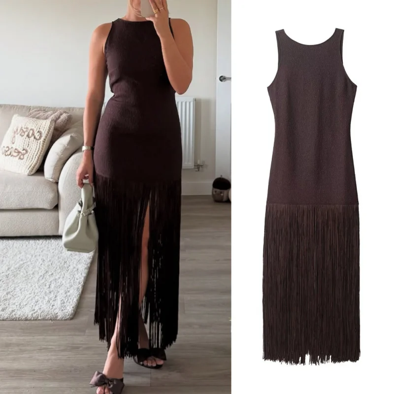 Vestido midi sin mangas con flecos y abertura para mujer, texturizado, fruncido, ajustado, para fiesta de noche, cóctel, club, vacaciones, invitada de boda, vestido formal