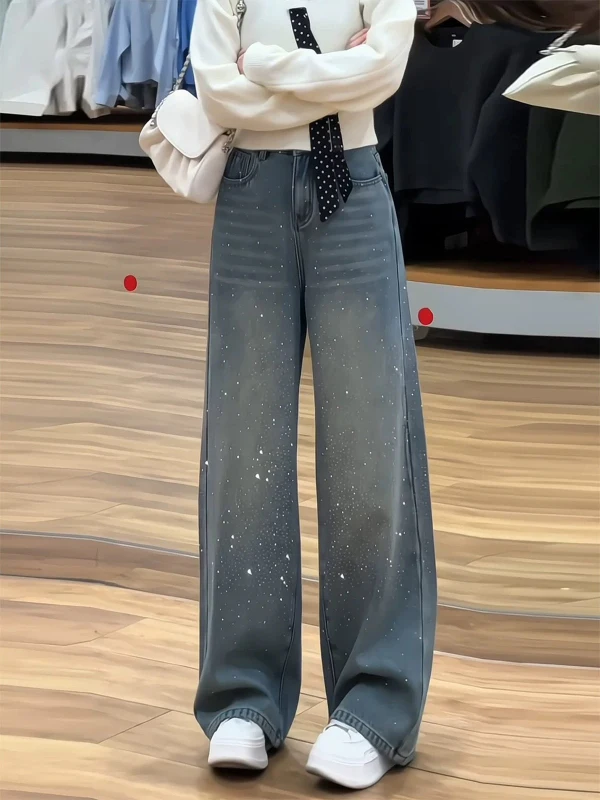 iny Fce Lined Wide Leg Jeans Loose Fit Thi Autumn Winter High Waist Commute Sle Water Waed Vintage Diamond Embelli...