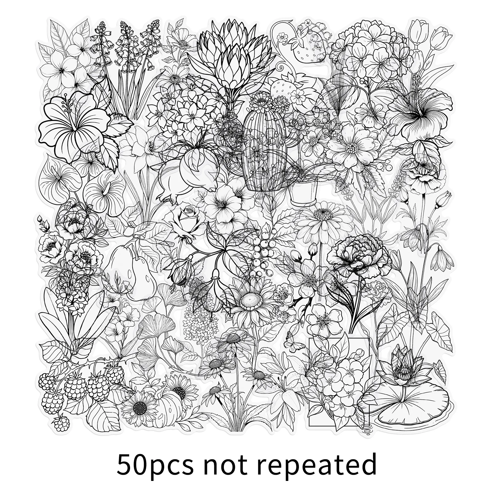 50Pcs Black White Floral Plant Stickers Waterproof Graffiti Decals for Skateboard Phone Case Scooter DIY Decor