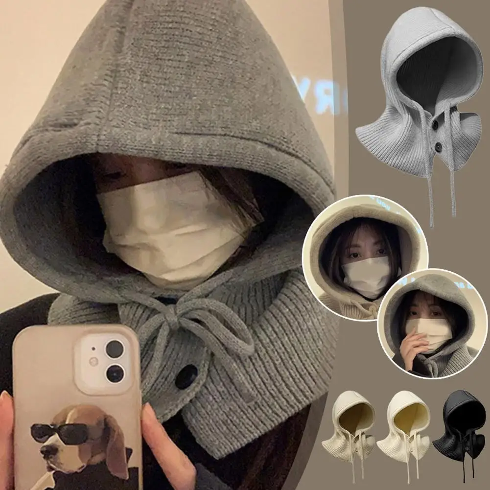 Winter Balaclava Hat Warm Knitted Women's Hood Hat Outdoor Color Neck Cap Solid Pullover Cashmere One-piece Caps P7N5