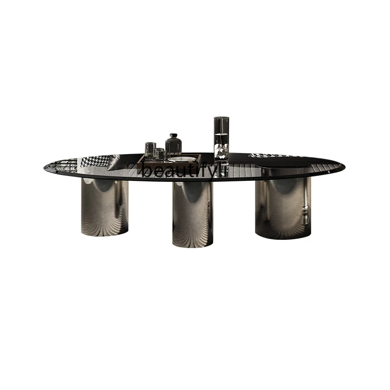 

Italian Minimalist Oval Black Tempered Glass Tea Table Stainless Steel round Modern Minimalist Design