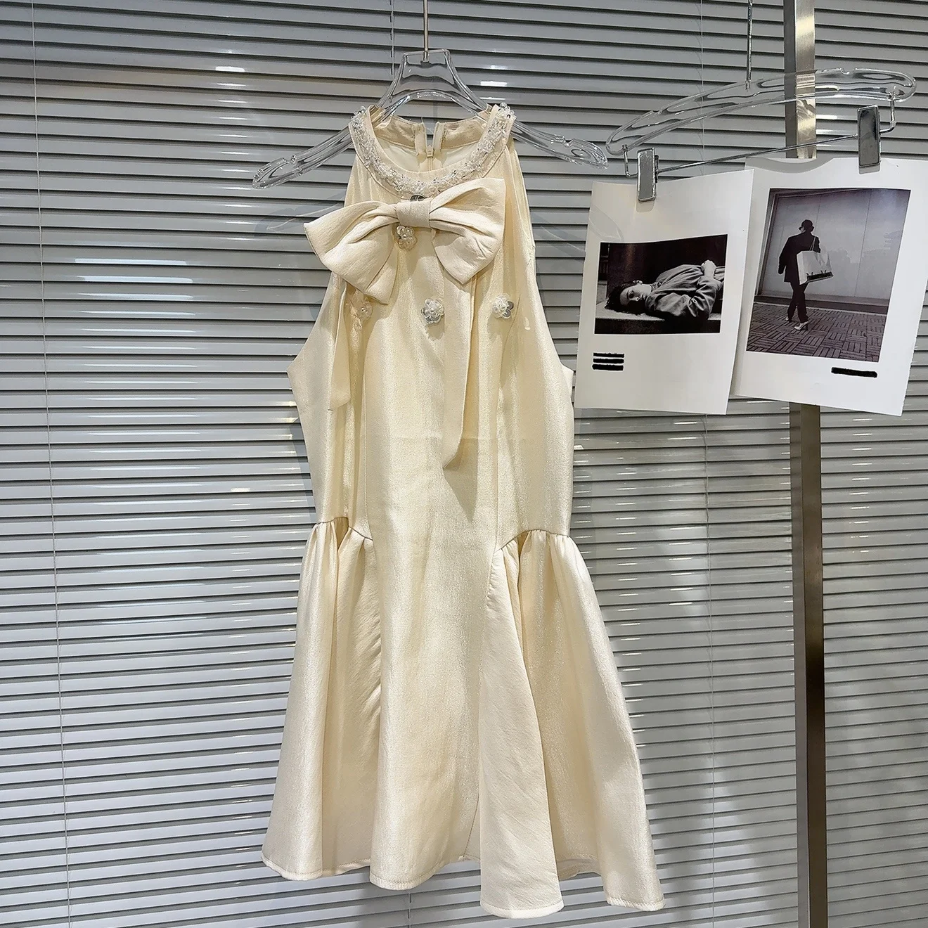 2025년 여름 신상 달콤한 매듭 실크 새틴 비즈 장식 여성용 하이웨이스트 롱 드레스
