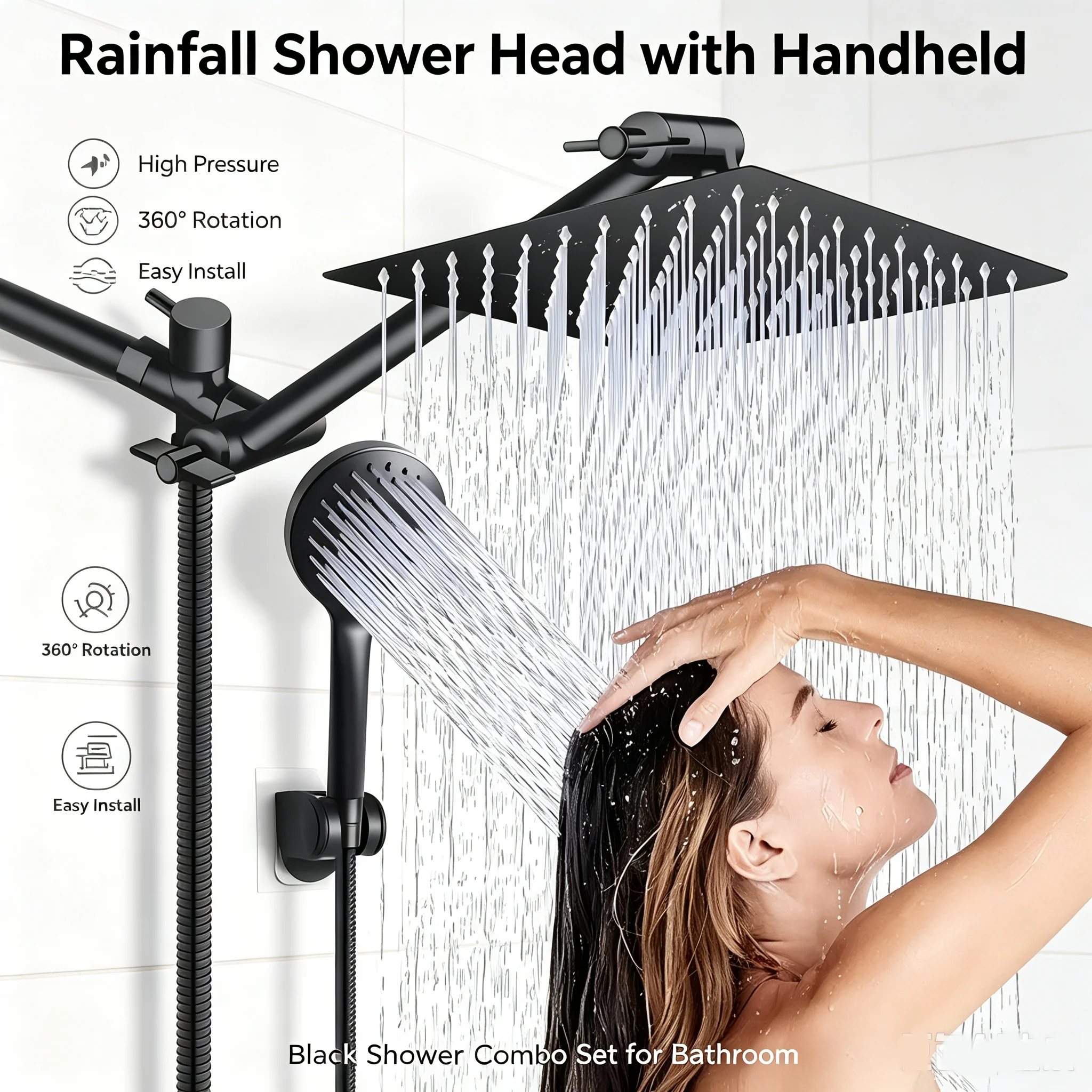 8/10 Inch Stainless Steel 5 Modes Overhead Shower With Extended Arm Multifunctional Handheld Shower Wall Mounted Shower Set