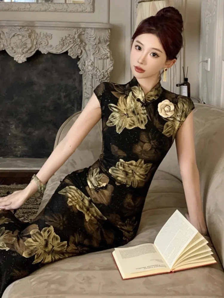 Kimotimo Woman Elegant Gilded Printed Cheongsam Dress New Summer Sexy High Waist Slim Split Long Party Dresses Vestidos Vintage