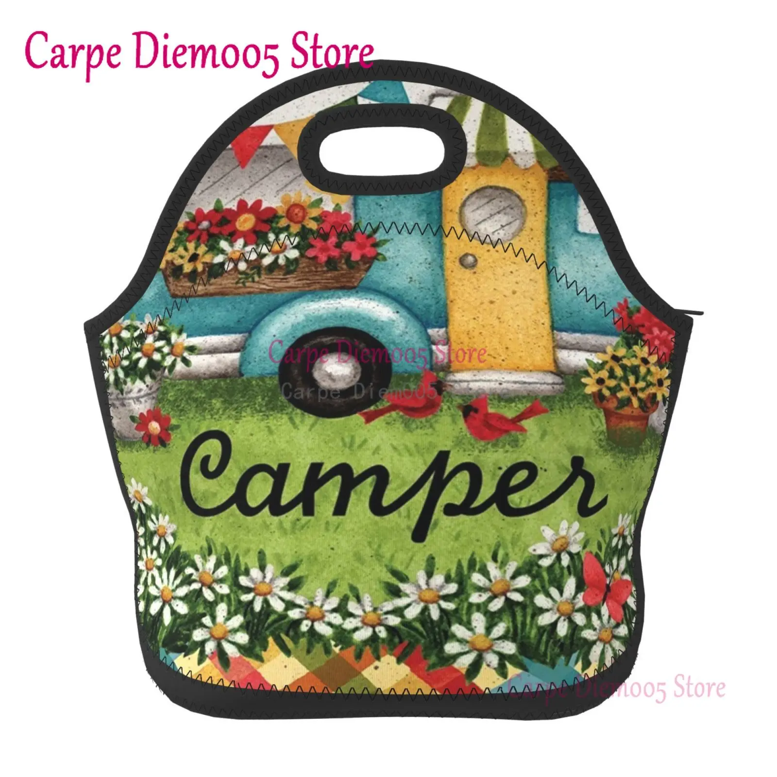 Happy Camper Neoprene Lunch Bag/Lunch Box/Lunch Tote/Picnic Bags Insulated Cooler Travel Organizer School Work Office