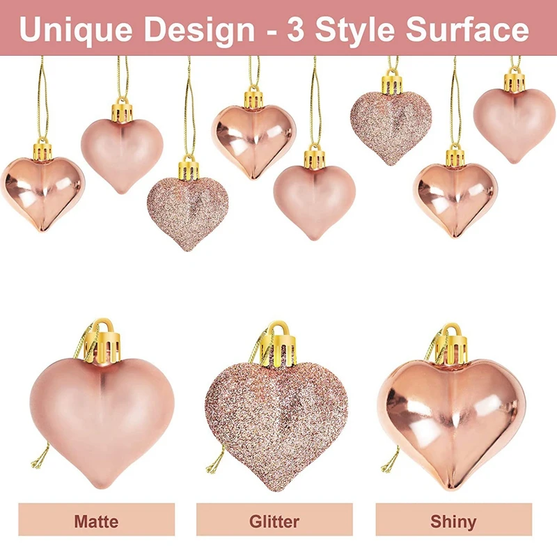 24Pcs Rose Gold Valentine's Day Heart Shaped Ornaments Heart Shaped Baubles Ornaments For Home Tree Hanging Decorations